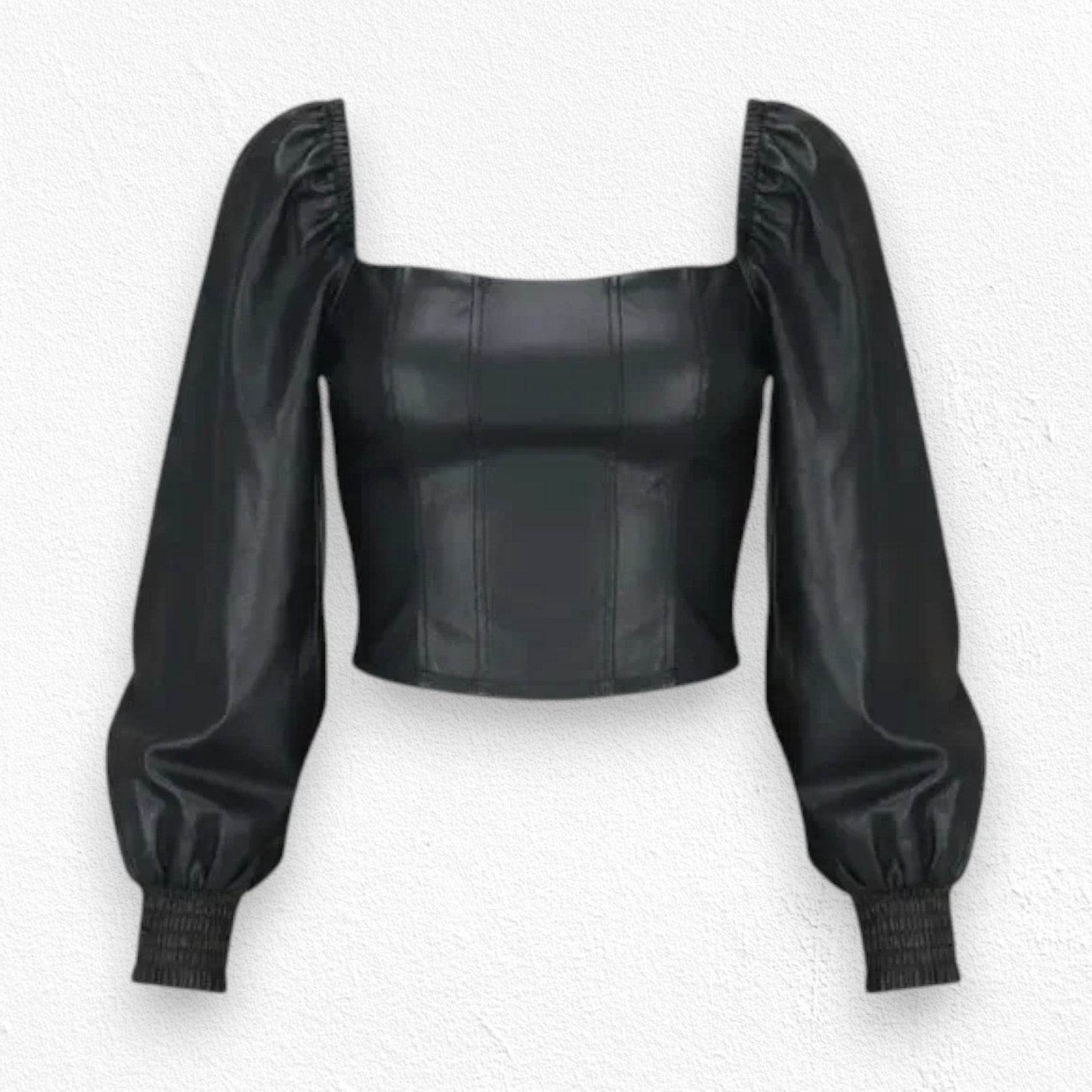 7 For All Mankind Black Faux Leather Puff Sleeve Smocked Corset Top Size Small